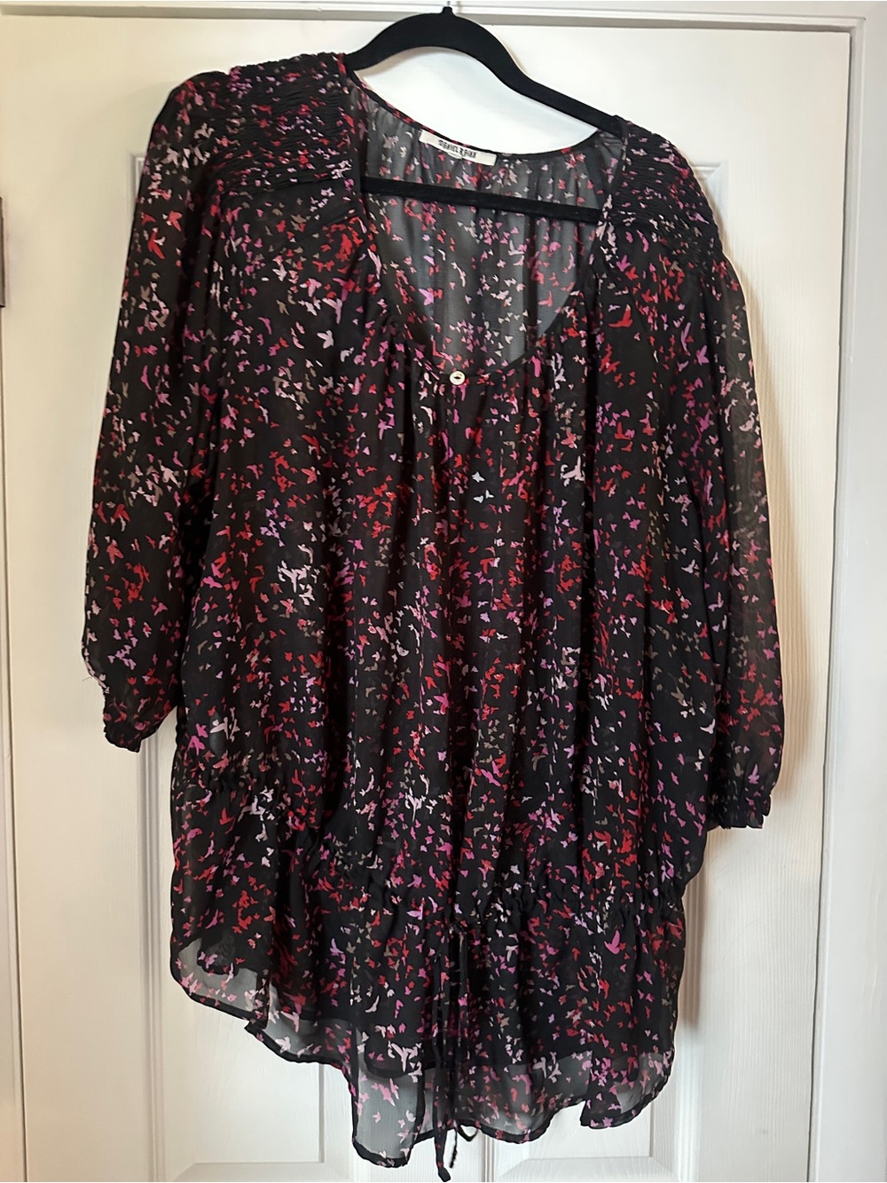 Printed Sheer Black Blouse with Pink & Red Accent (3X)
